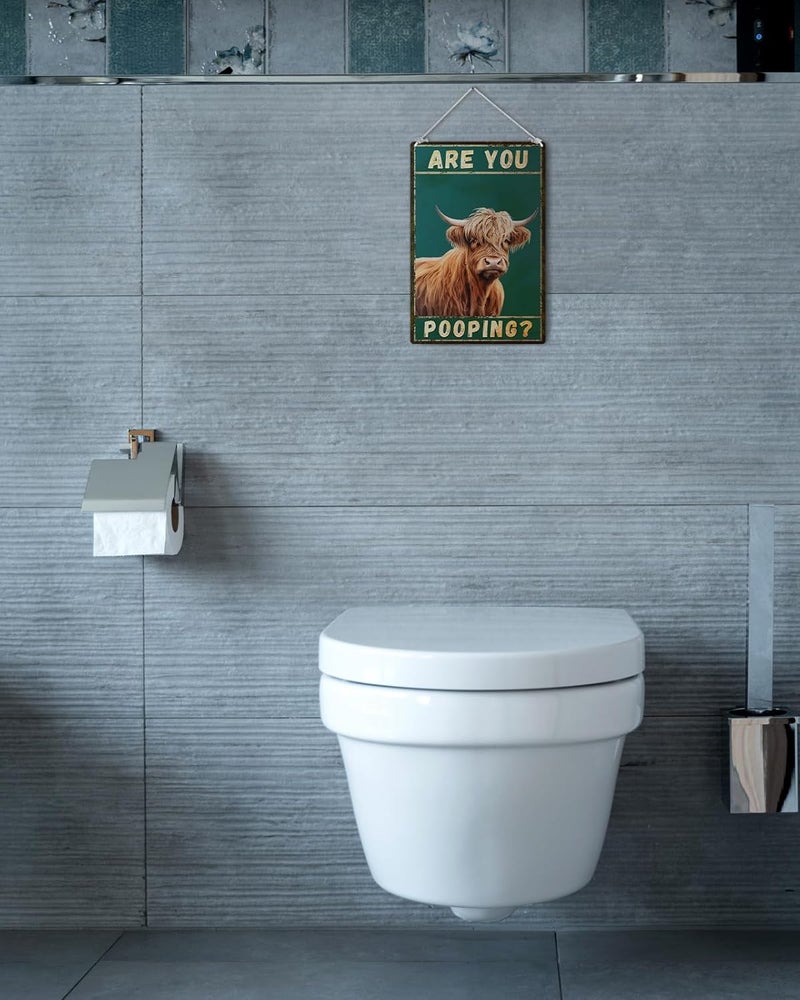 ALKB Funny Highland Cow Are You Pooping Metal Signs Vintage Farmhouse Bathroom Wall Decor Highland Cow Lovers Gift 8 x 12 Inch - Image 2